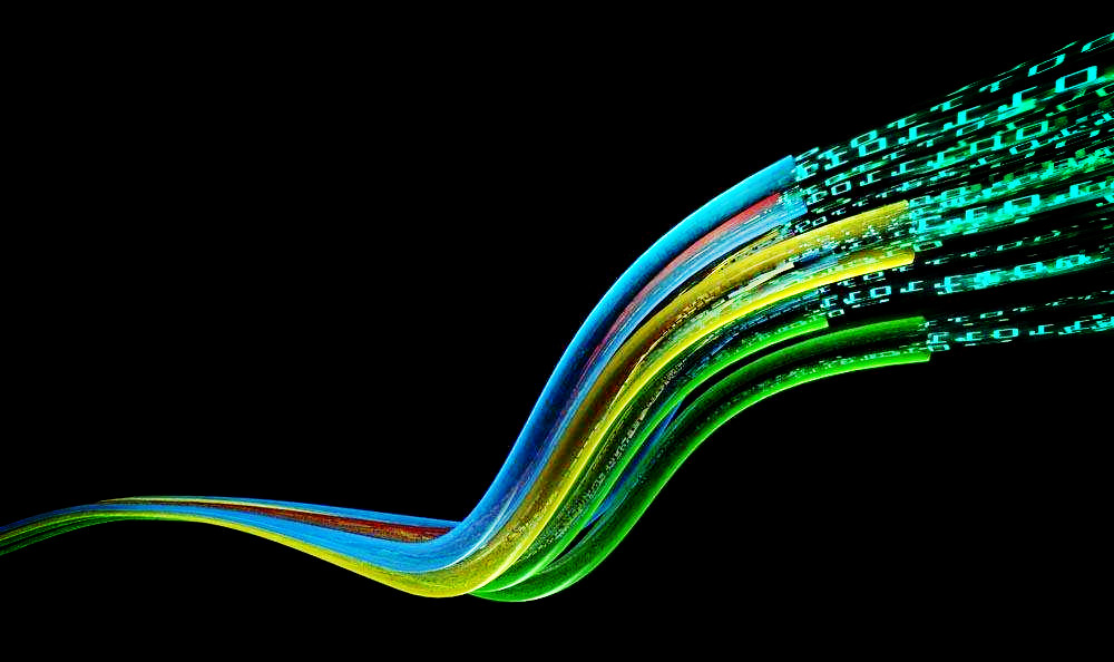 Abstract transmission process projected by fiber optic cables.